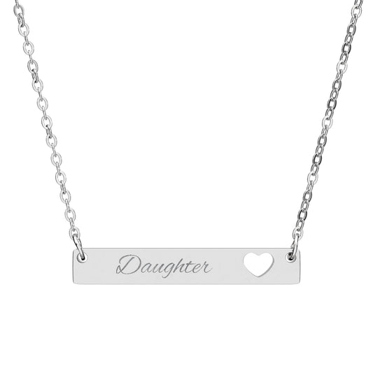 Engravable Cutout Heart Bar Necklace — Personalized 'Daughter' Pendant, Sterling & Rose Gold Options