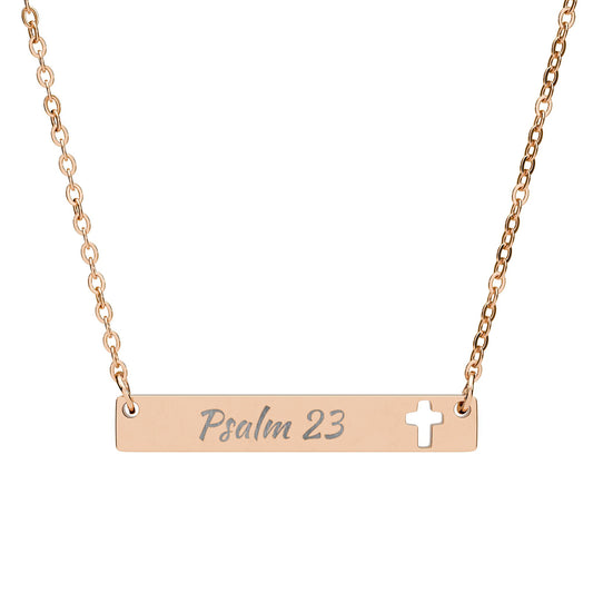 Engravable Cutout Cross Bar Necklace - Psalm 23 Religious Pendant