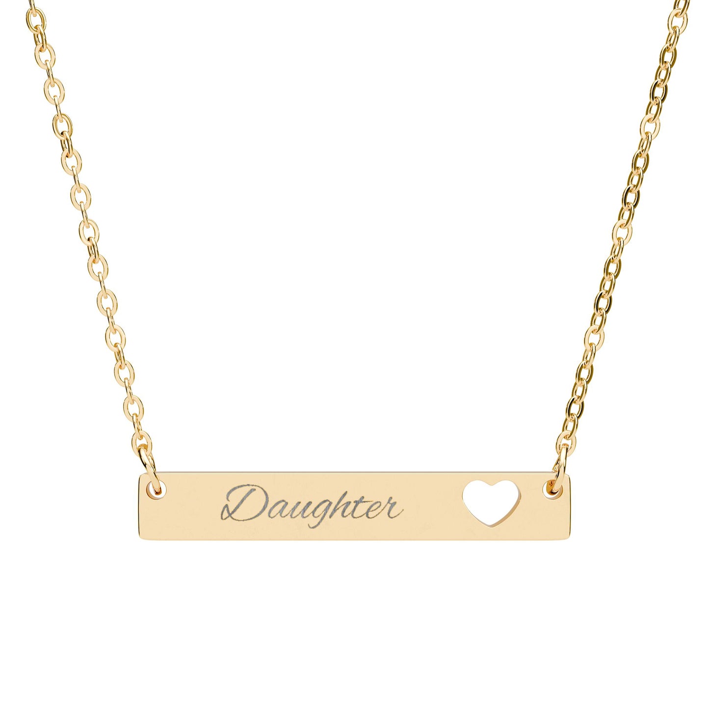 Engravable Cutout Heart Bar Necklace — Personalized 'Daughter' Pendant, Sterling & Rose Gold Options