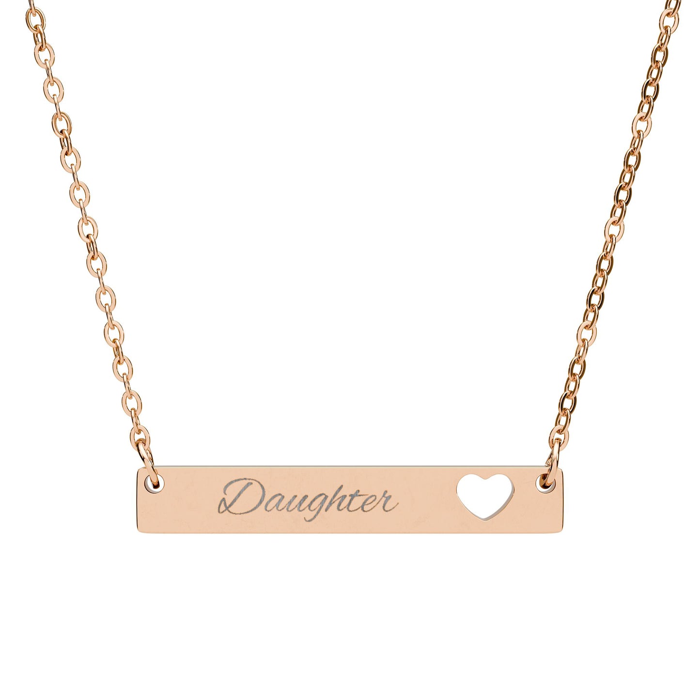 Engravable Cutout Heart Bar Necklace — Personalized 'Daughter' Pendant, Sterling & Rose Gold Options