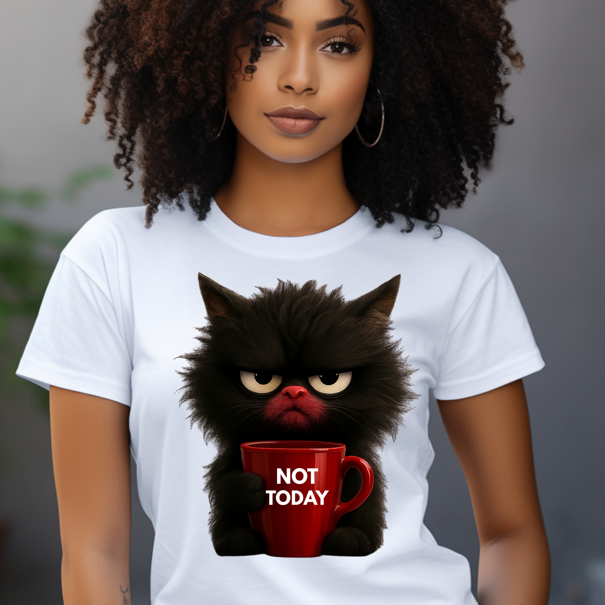 Funny cat holding red coffee mug t-shirt with "Not Today" quote