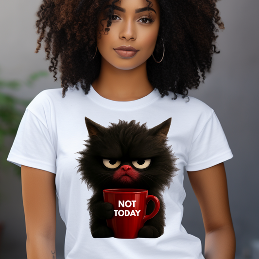 Funny cat holding red coffee mug t-shirt with "Not Today" quote