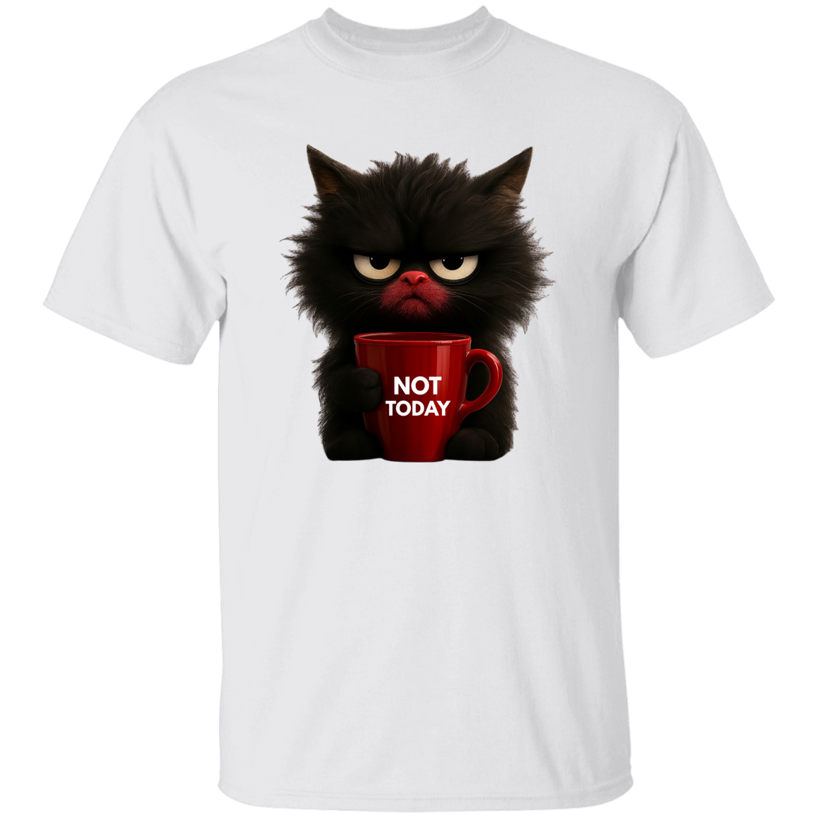 Funny cat holding red coffee mug t-shirt with "Not Today" quote