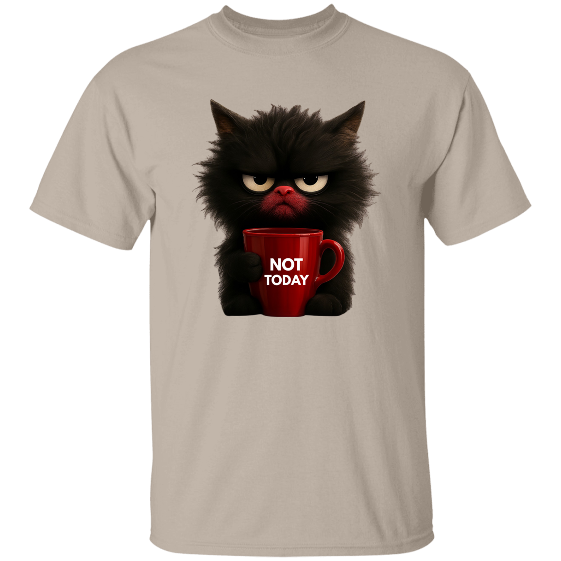 Funny cat holding red coffee mug t-shirt with "Not Today" quote
