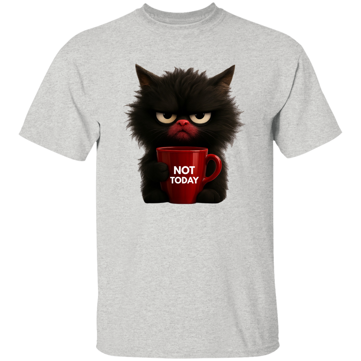 Funny cat holding red coffee mug t-shirt with "Not Today" quote
